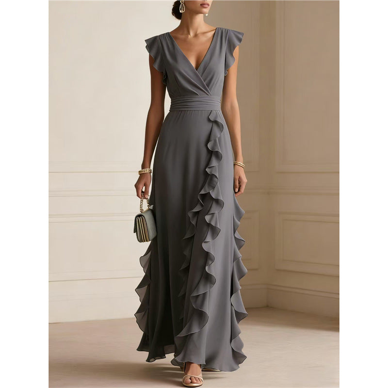 Women's Elegant Solid Color Ruffle Sleeveless Sexy V-Neck Long Dress Fashionable Bohemian Women's Party Evening Maxi Dresses Secondary image