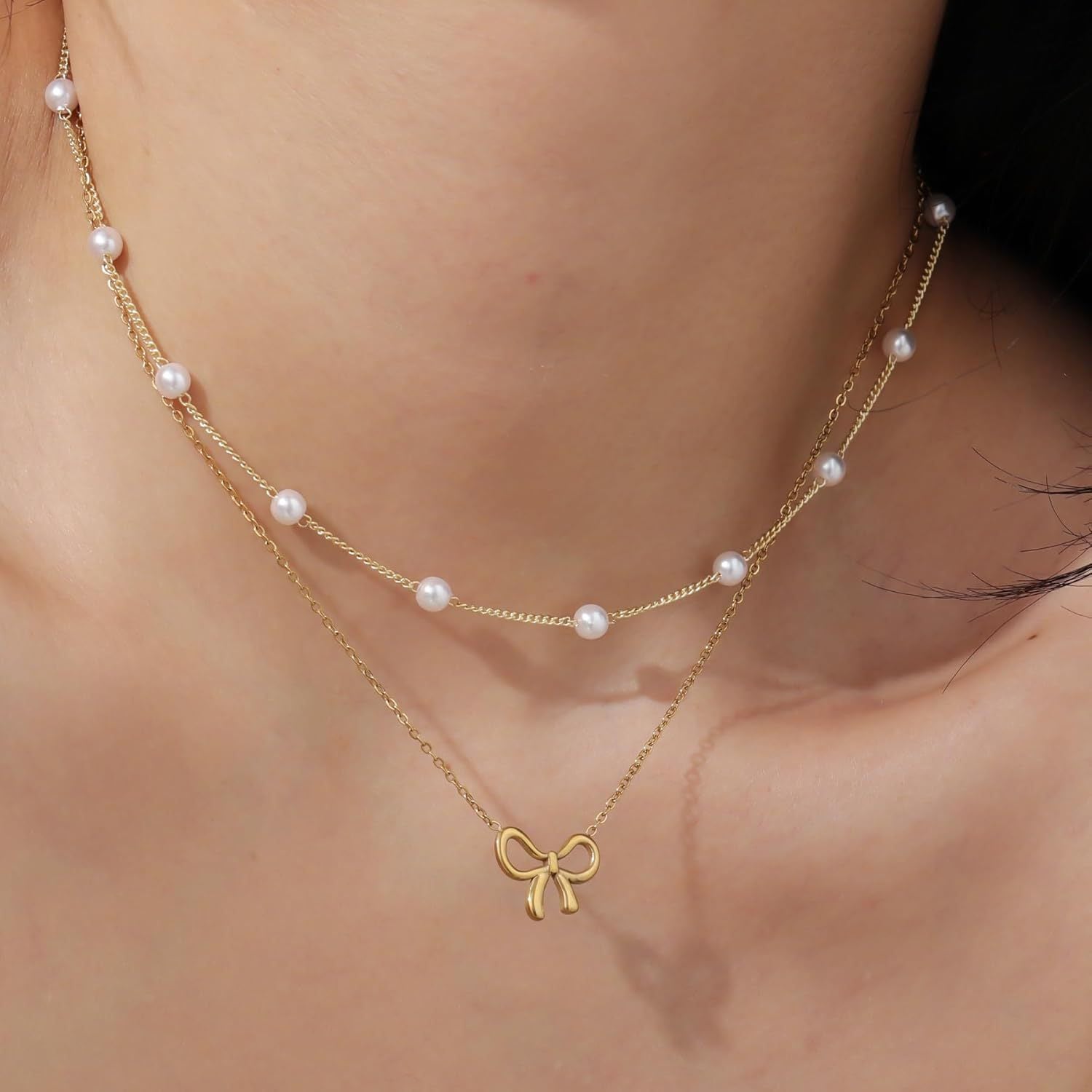 Simple Pearl Double Layer Choker Fashion Gold Color Necklaces Chain Small Bow Pendant Necklace Jewelry Gifts For Women Fashion Jewelry Valentine's Day Gifts Secondary image