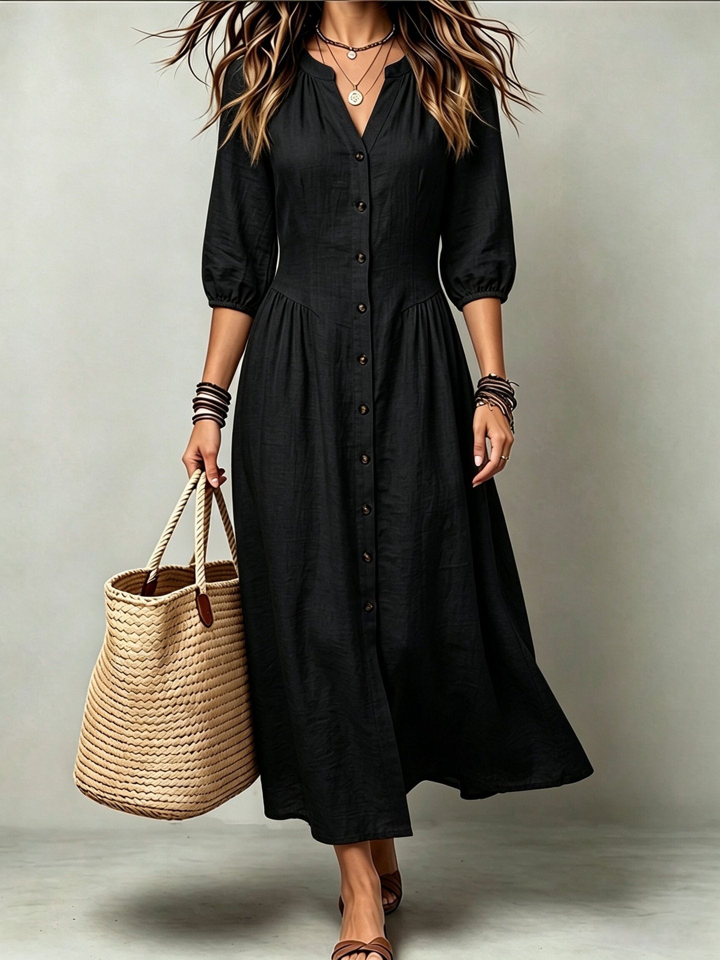 European And American-style Solid-color Cotton-linen Dress Secondary image