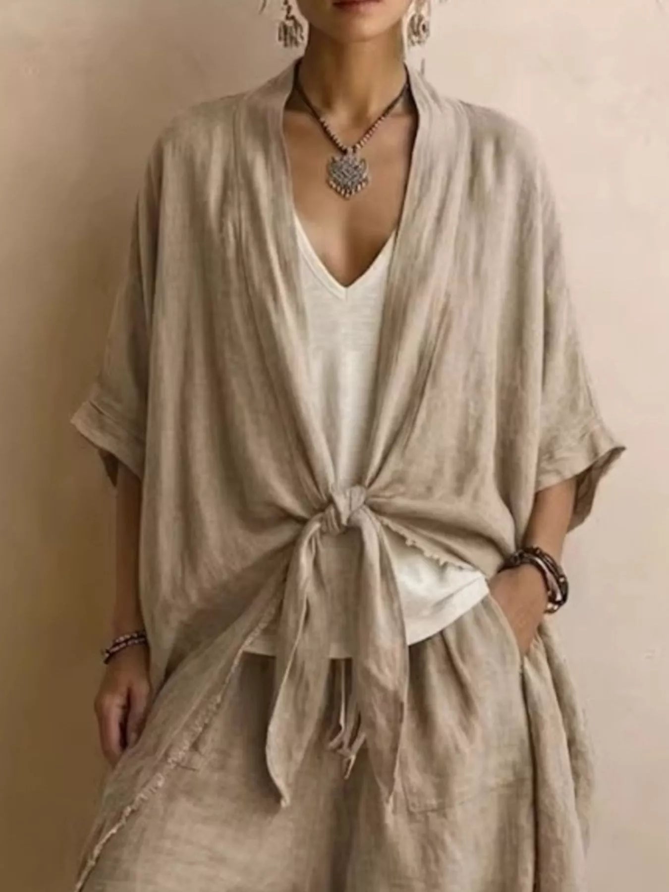 Full Size Tie-Front Cardigan and Wide-Leg Pants Set Plus Size Secondary image