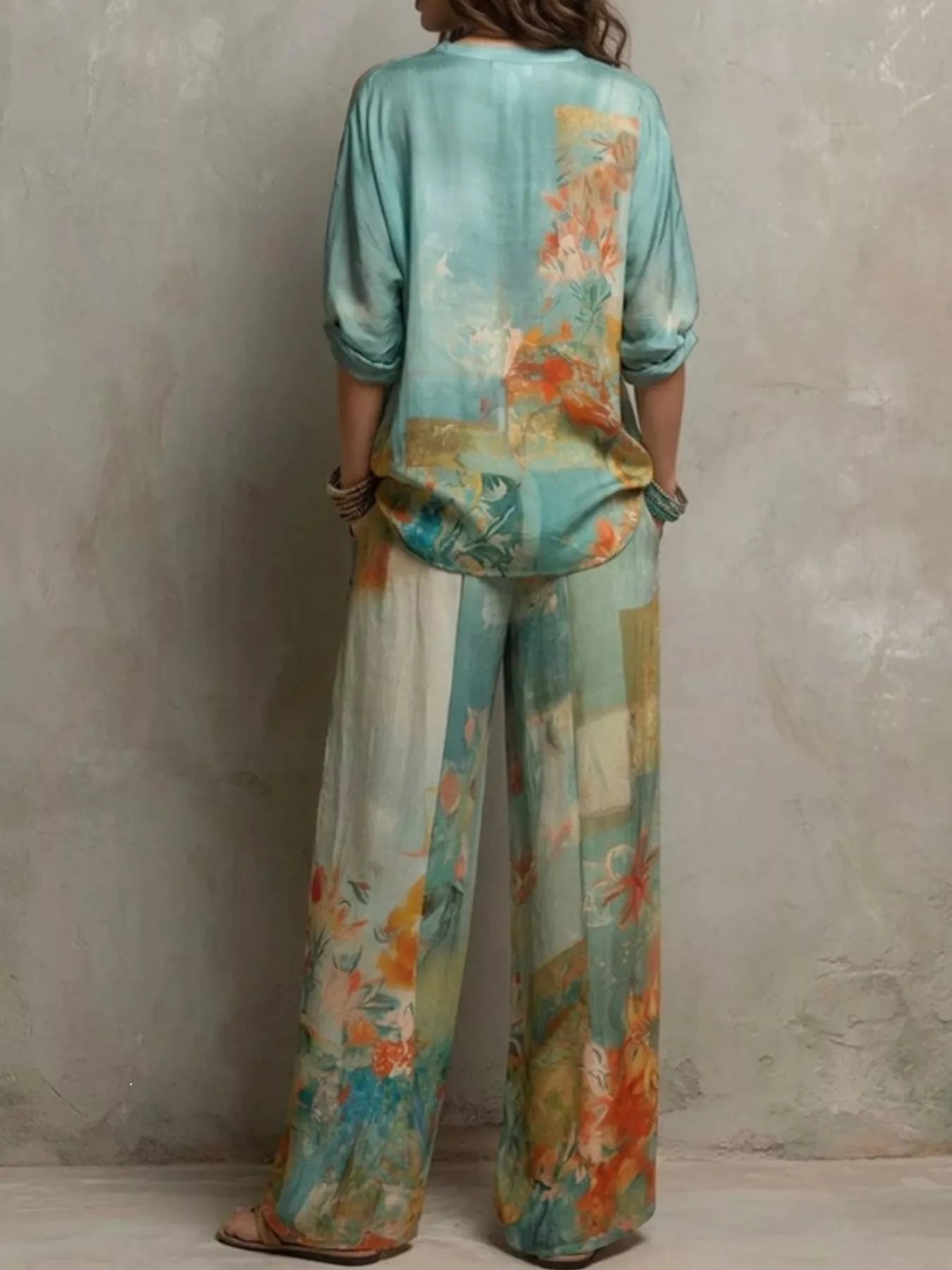 Full Size Floral Print Blouse and Wide-Leg Pants Set Plus Size Secondary image