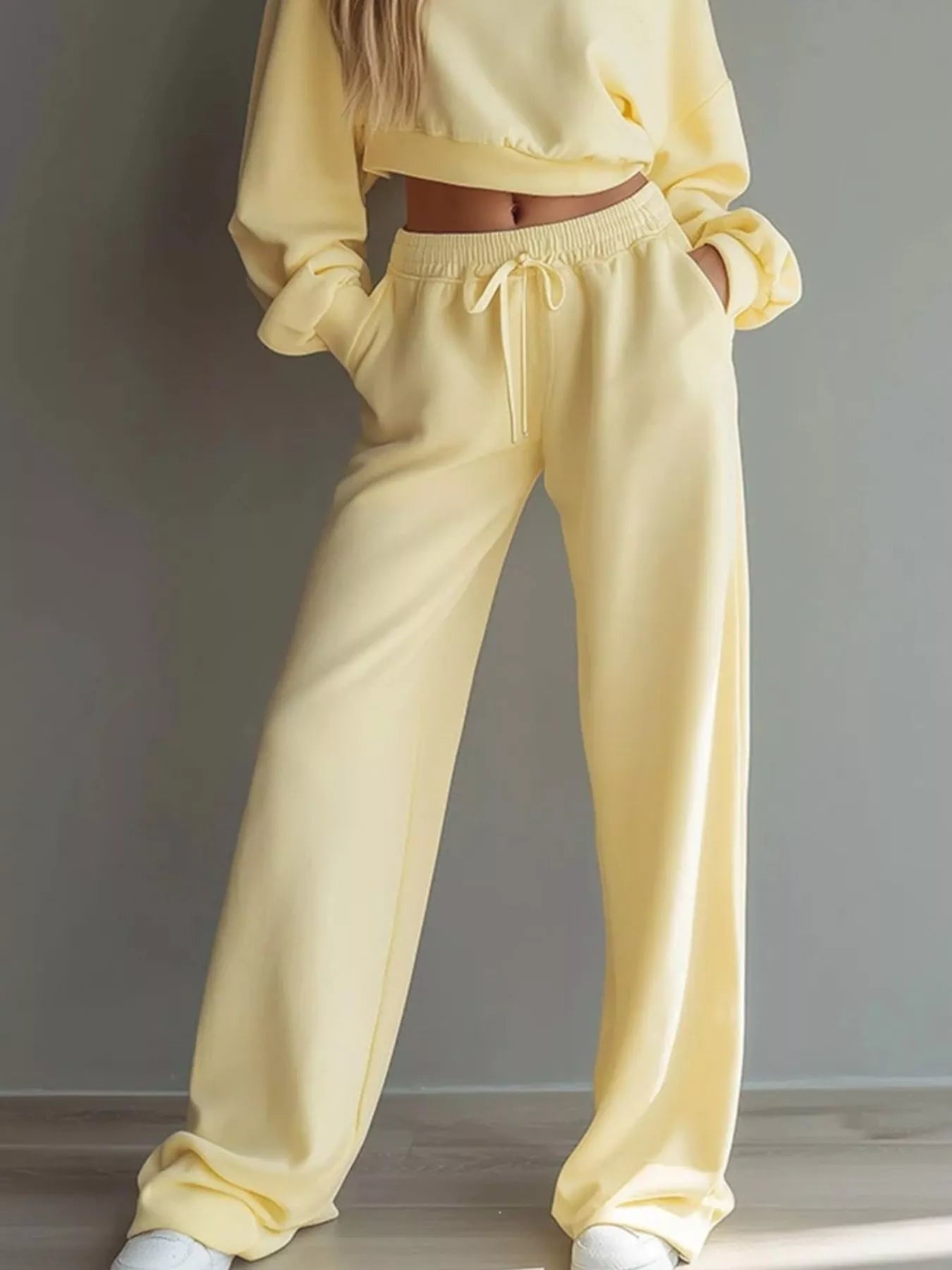Round Neck Cropped Sweatshirt and Wide-Leg Pants Set Secondary image