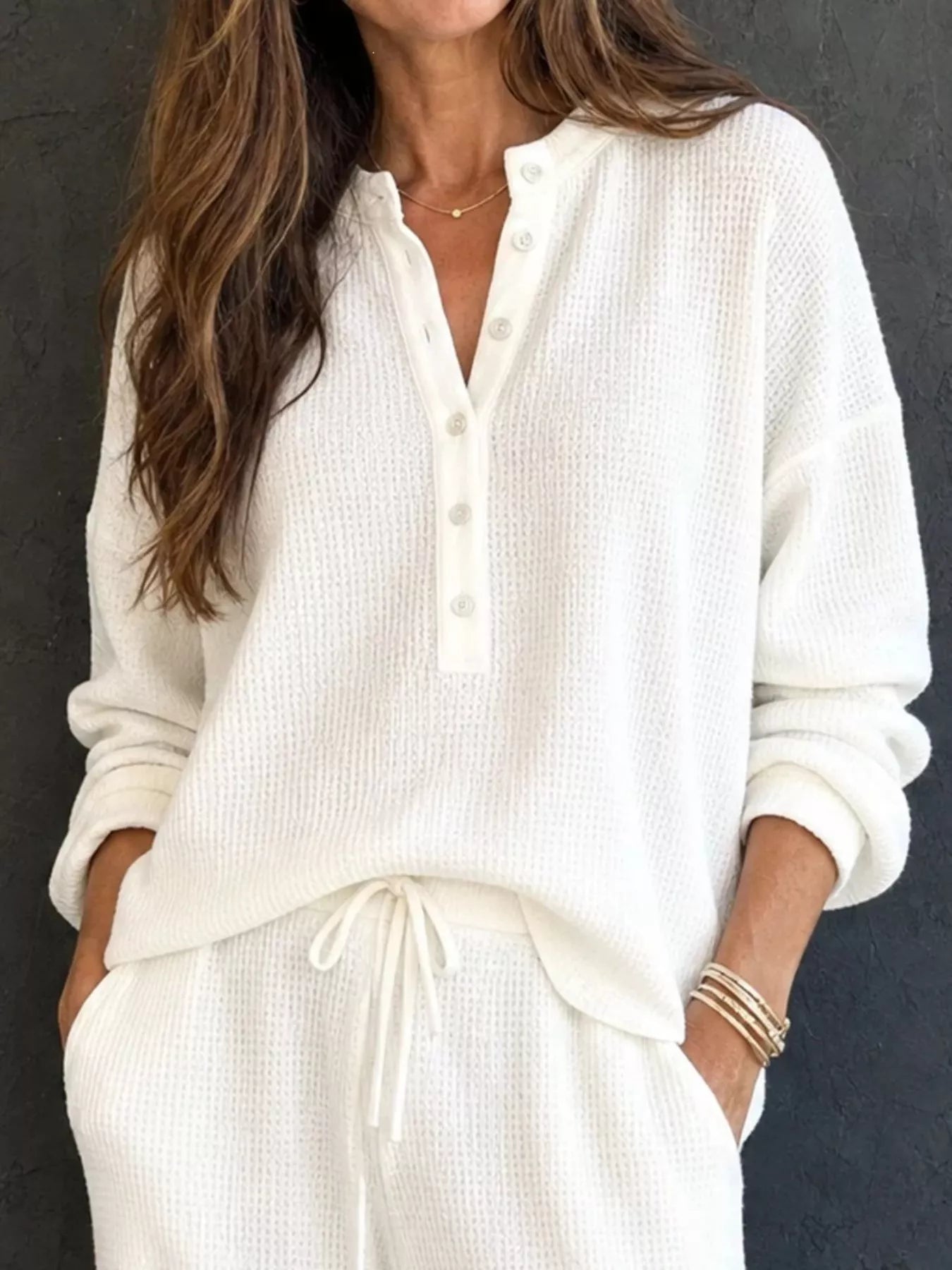 Waffle Knit Henley Top and Wide Leg Pants Set Secondary image