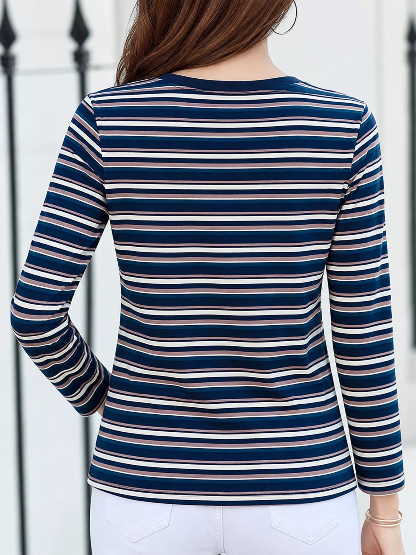Full Size Long Sleeve Striped Crew Neck Casual T-Shirt Plus Size Secondary image