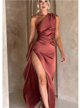 Sexy One-shoulder Backless Slit Dress Summer Elegant Slim-fit Solid Color Satin Dresses For Women Secondary image