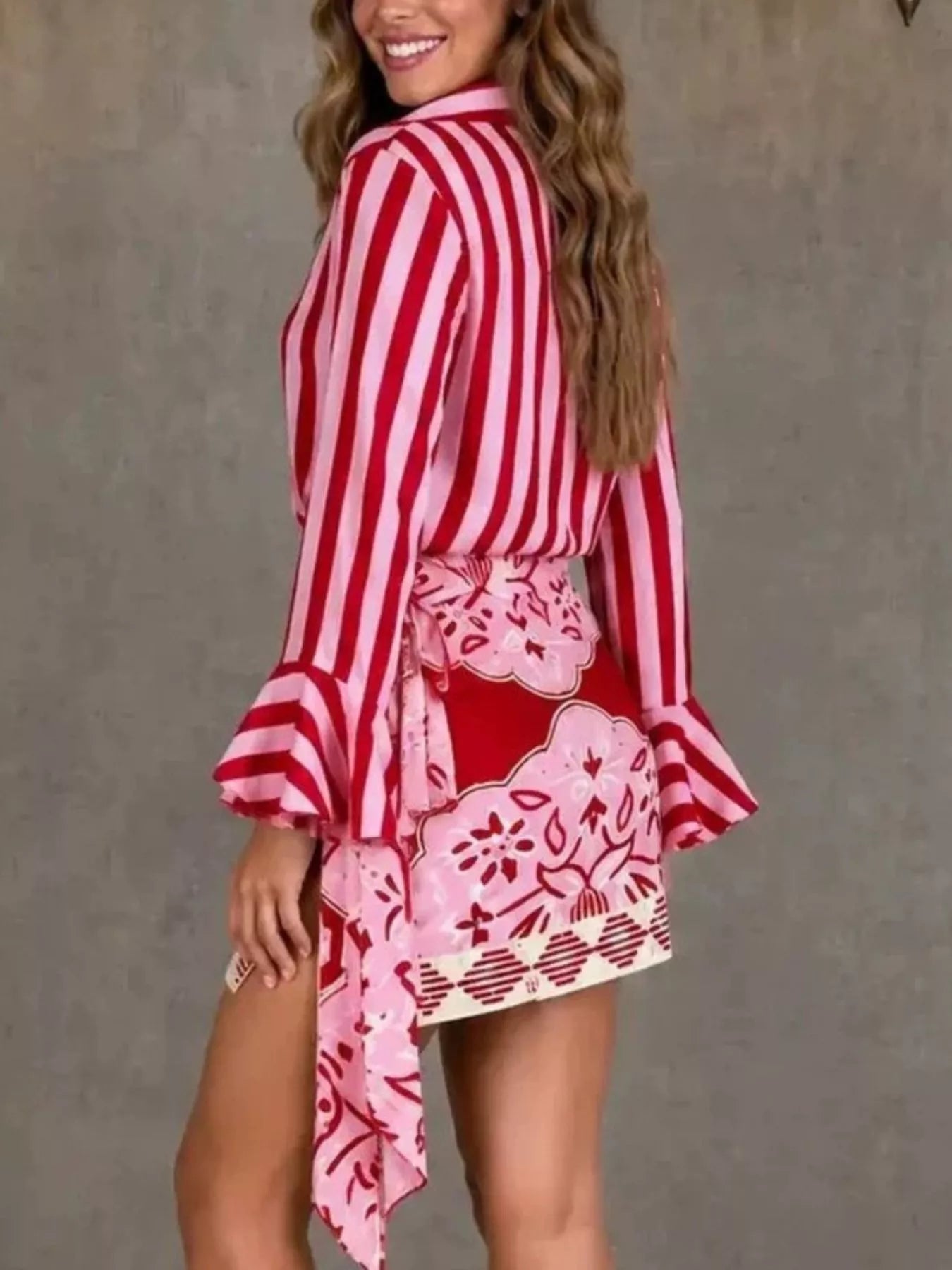 Striped Bell Sleeve Shirt and Skirt Set Secondary image