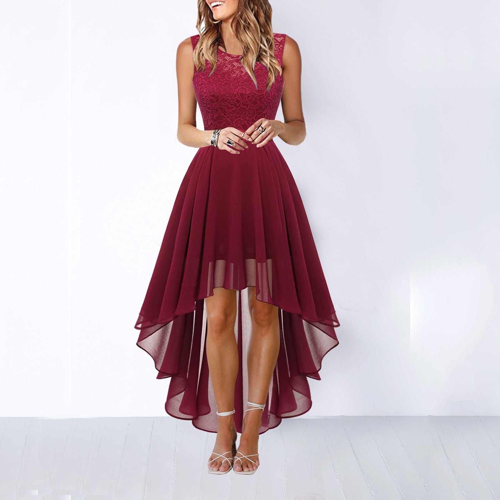 Women's Lace Patchwork Chiffon Dress Loose Swing A-Line Sleeveless Summer Casual Dresses Secondary image