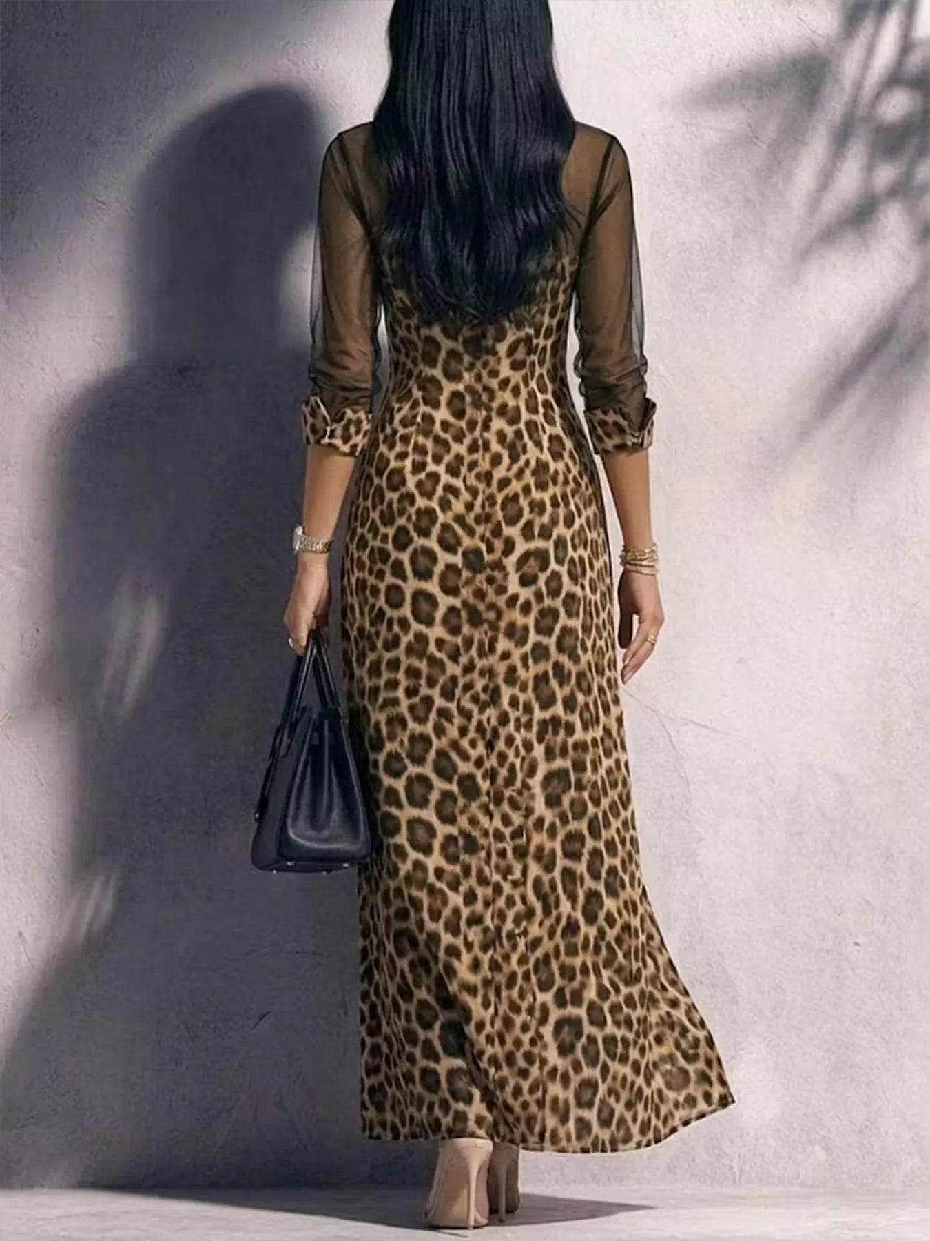 Full Size Leopard Print Sheer Mesh Panel Button-Down Maxi Dress Plus Size Secondary image