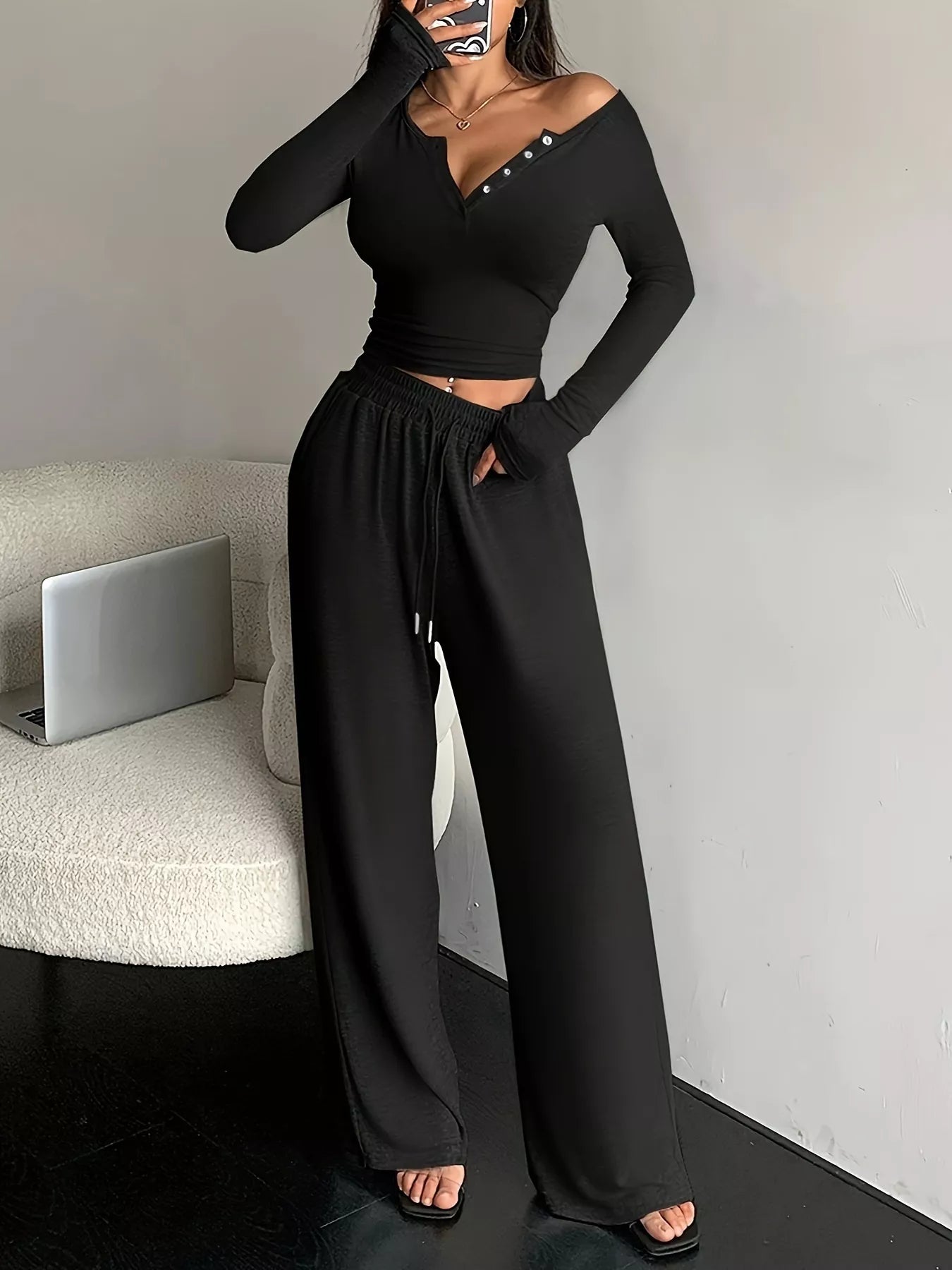 Button Detail Long Sleeve Top and Wide-Leg Pants Set Secondary image