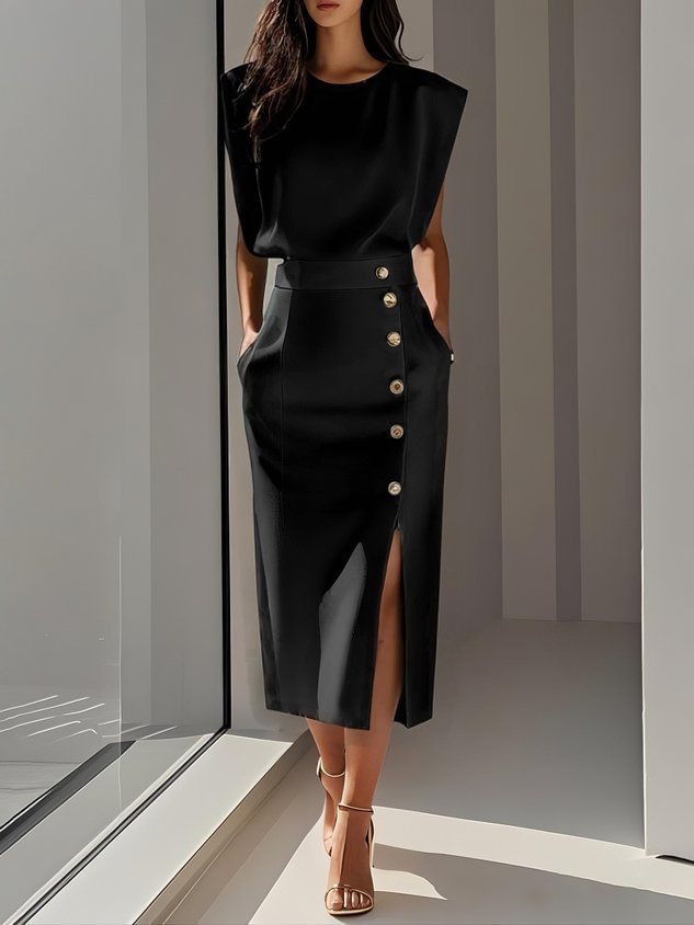 Women's Summer Split Dress With Buttons Casual Sleeveless Midi Dress Clothing Secondary image