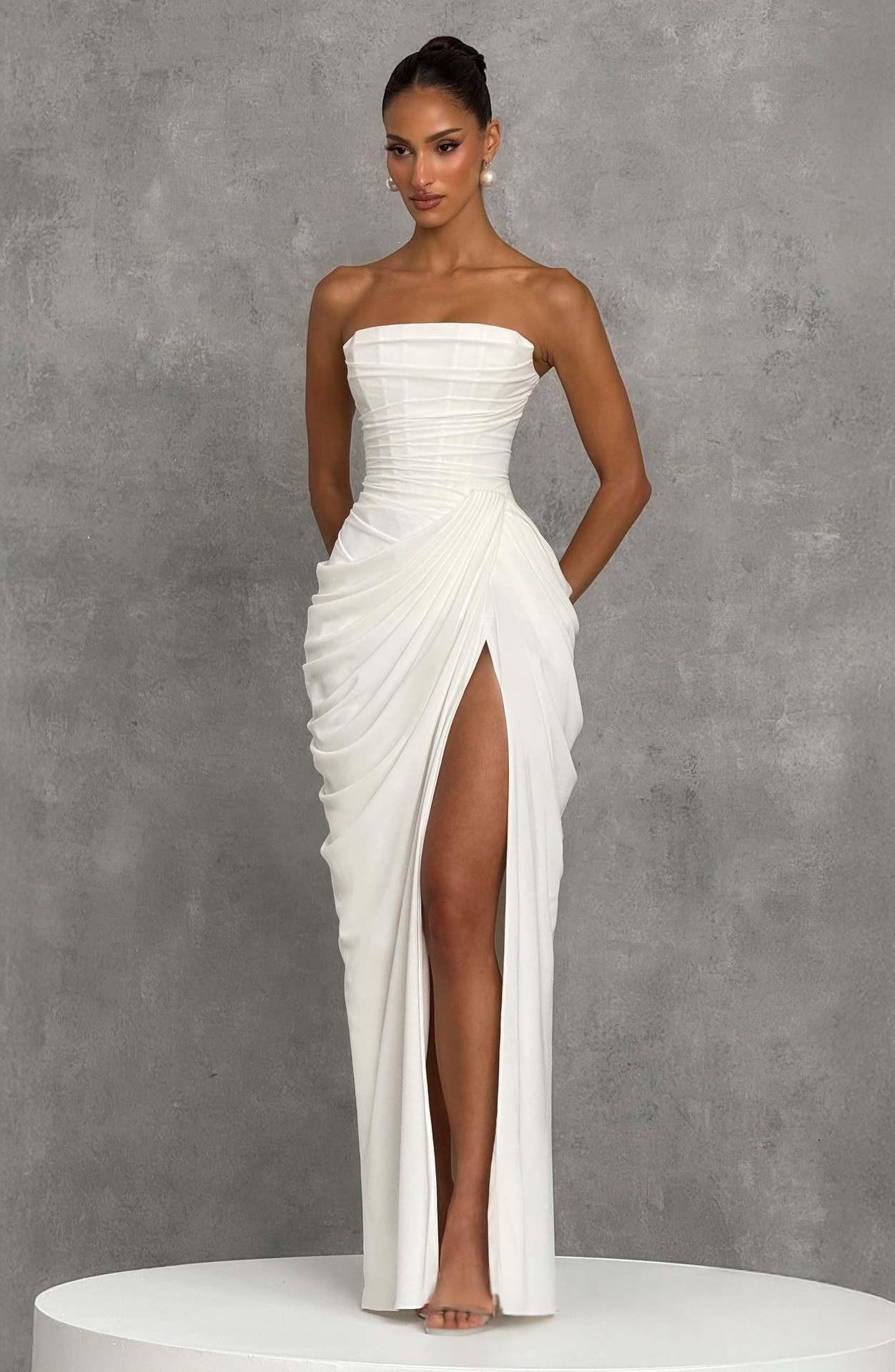 French Style Romantic Strapless Pleated Slit Dress - Women's Elegant Evening Gown For Summer Party Wedding Dresses Secondary image