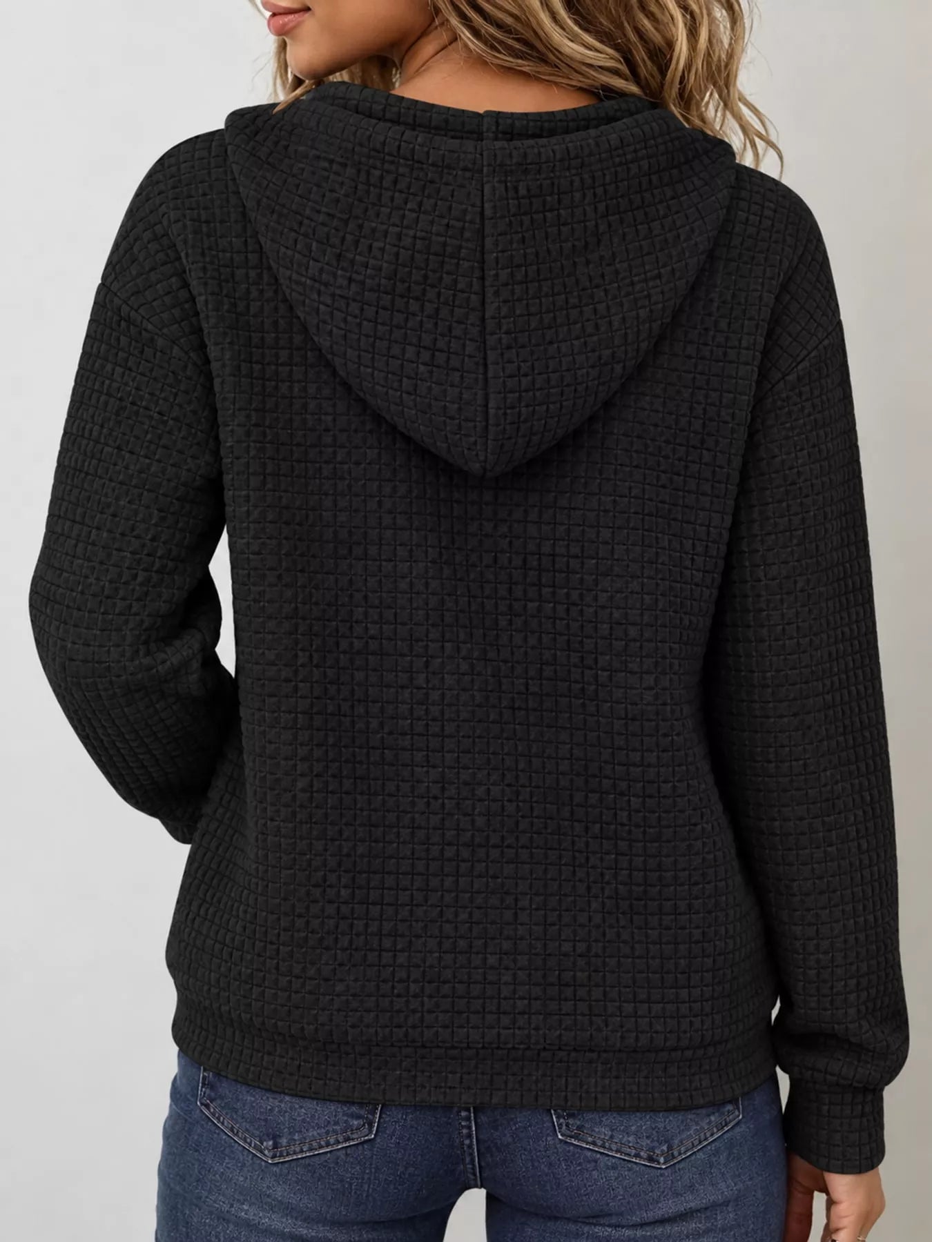 Waffle Knit Zip-Up Hoodie with Drawstring and Pockets Secondary image