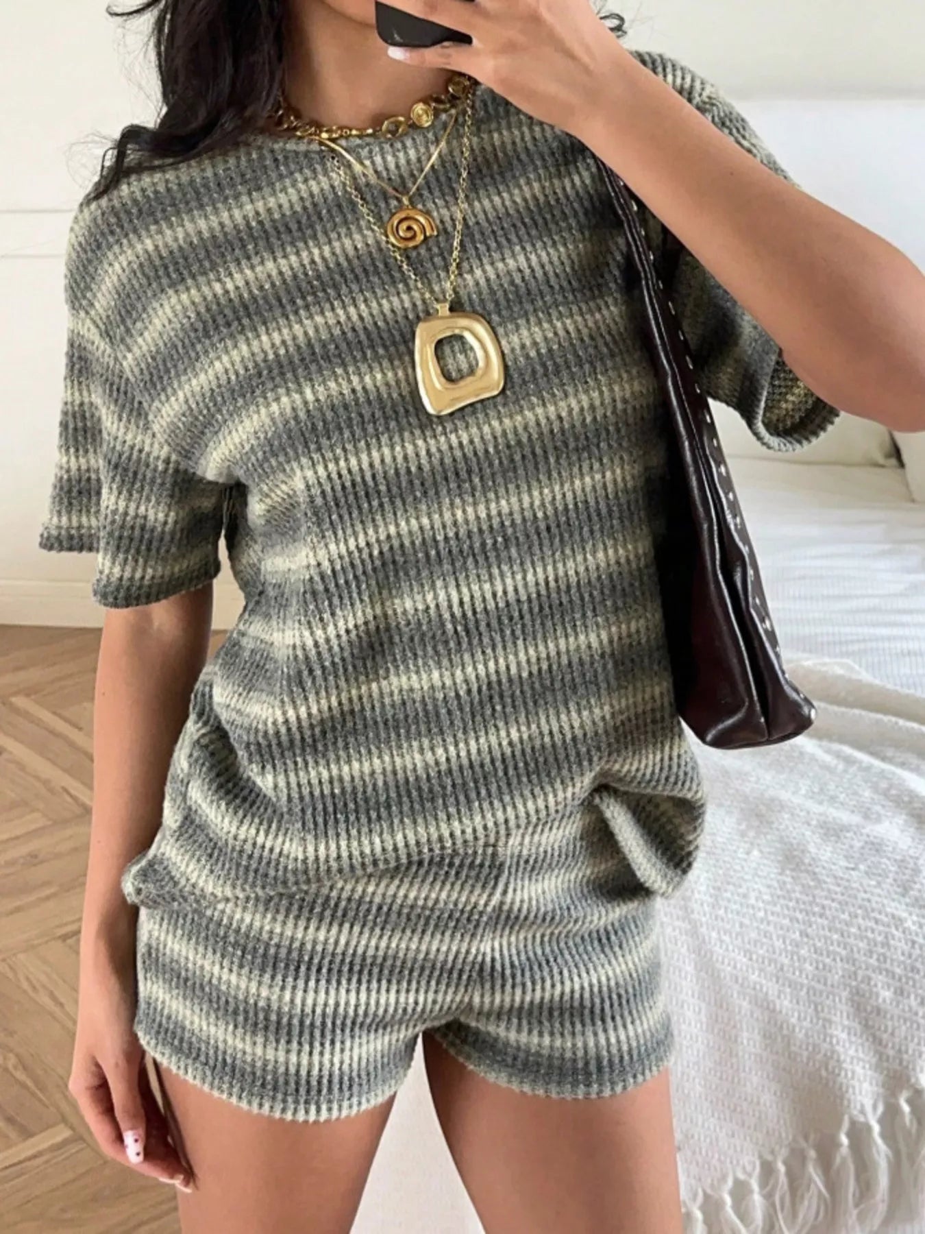 Striped Textured Knit Top and Shorts Set Secondary image