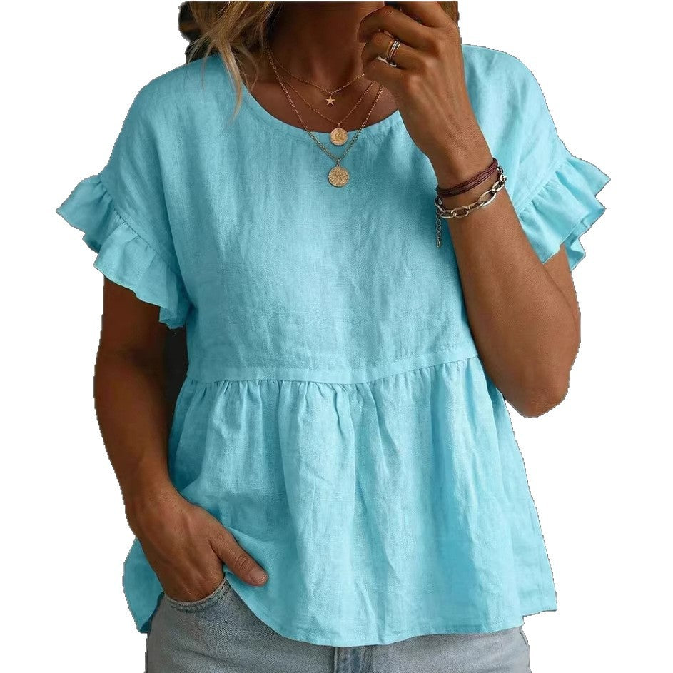 Solid-color Crewneck Short-sleeve Ruched Casual Shirt Secondary image