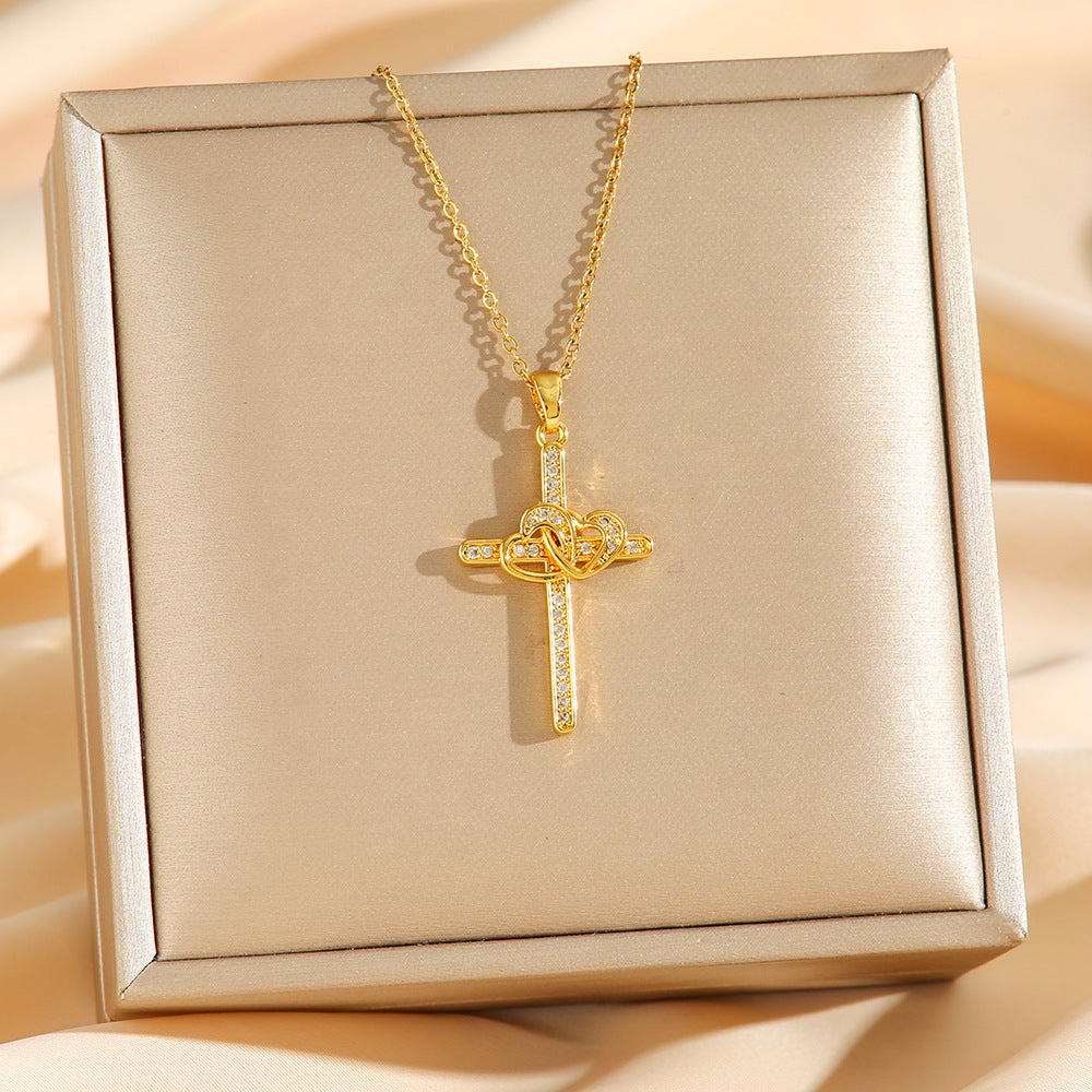 Cross Double Ring Love Heart Necklace Surrounded Zircon Pendant Necklace For Women Bohemian Jesus Pendant Gold Color Valentines Day Gift Secondary image