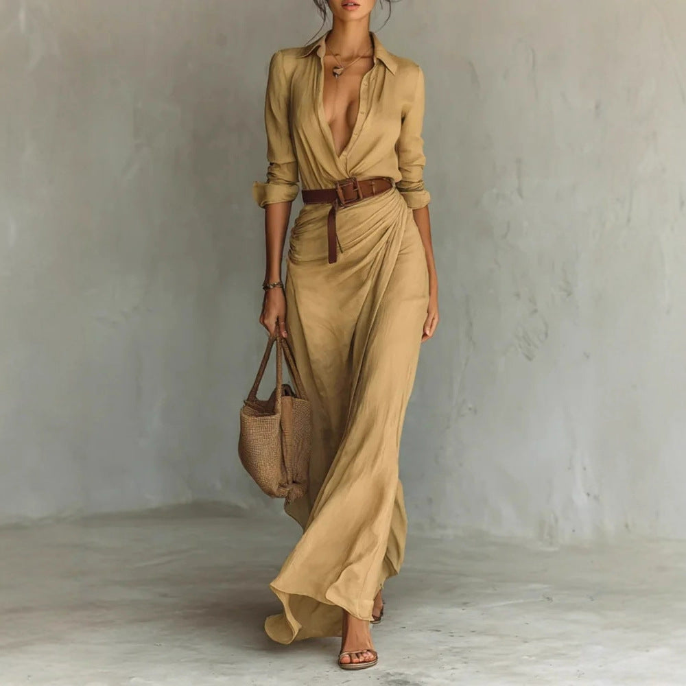 Irregular Long Dress With Belt Fashion And Elegant Button Lapel Long-sleeved Shirt Dresses Daily Office Commuting Clothing For Women Secondary image