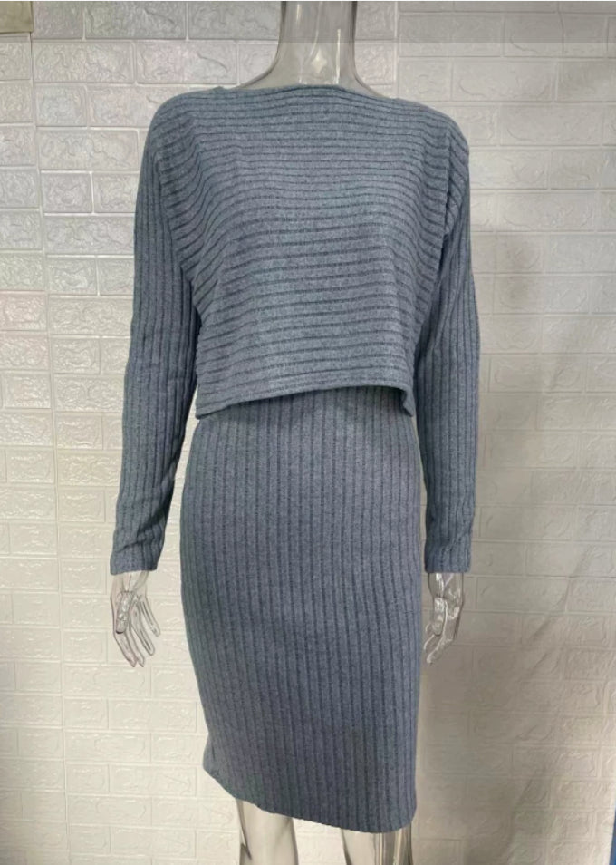 2pcs Suit Women's Solid Stripe Long-sleeved Top And Tight Suspender Skirt Fashion Autumn Winter Slim Clothing Secondary image