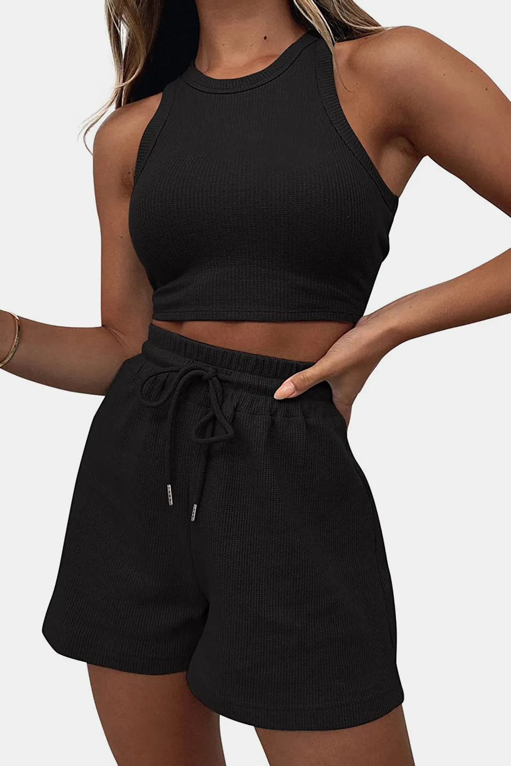 Round Neck Top and Drawstring Shorts Set Secondary image