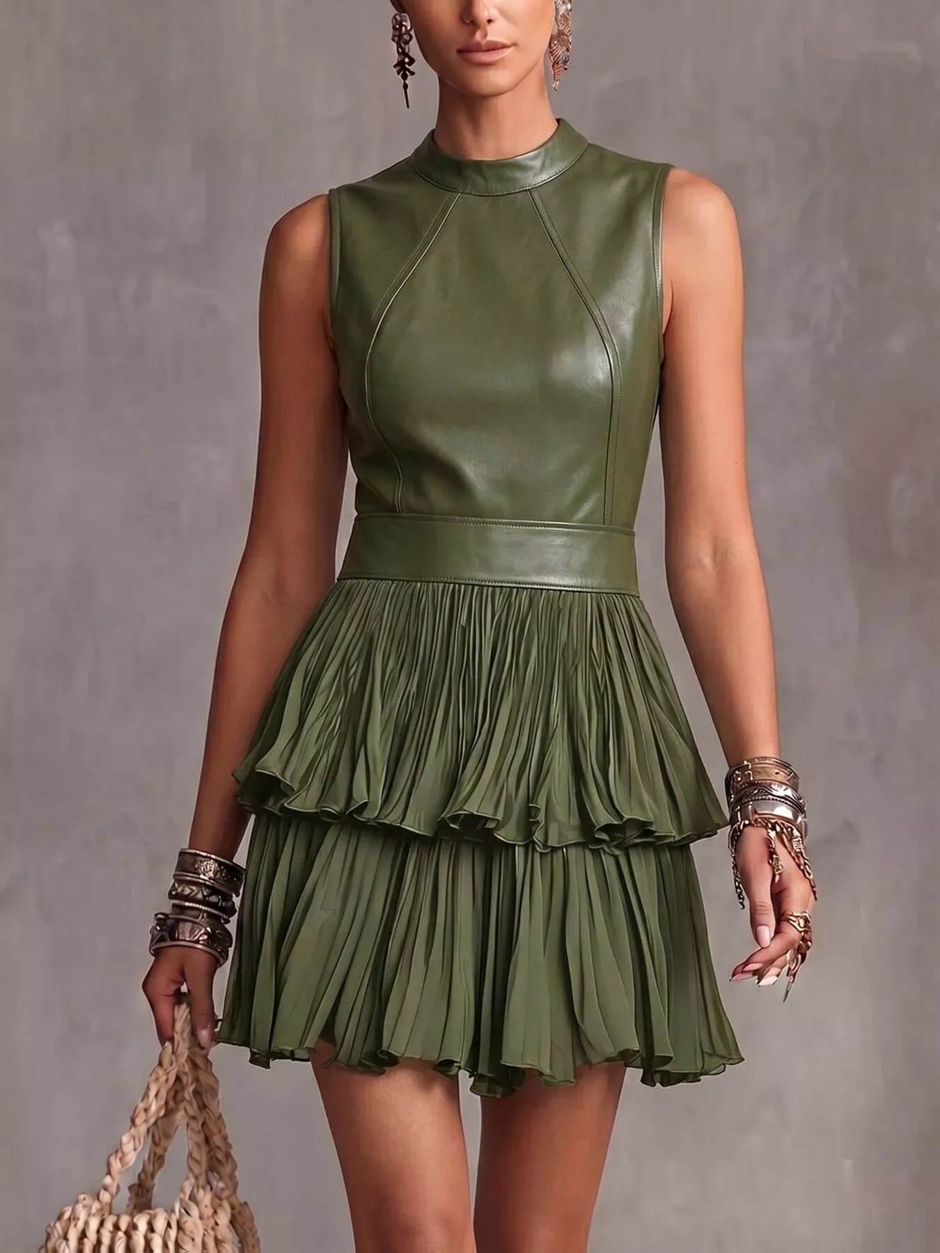 Sleeveless Faux Leather Layered Pleated Mini Dress Secondary image