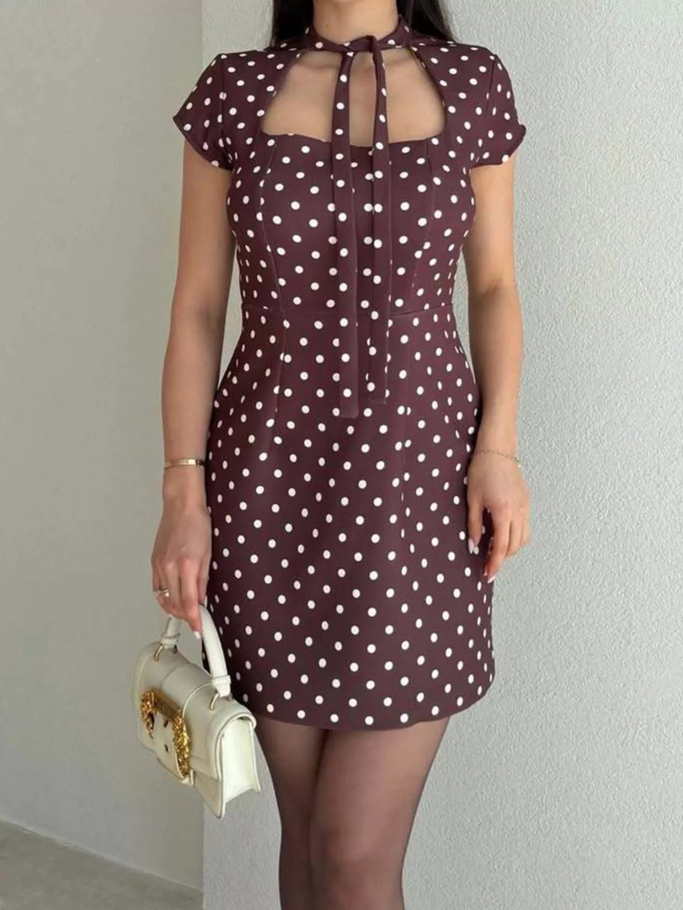 Full Size Polka Dot Tie-Neck Bodycon Mini Dress Plus Size Secondary image