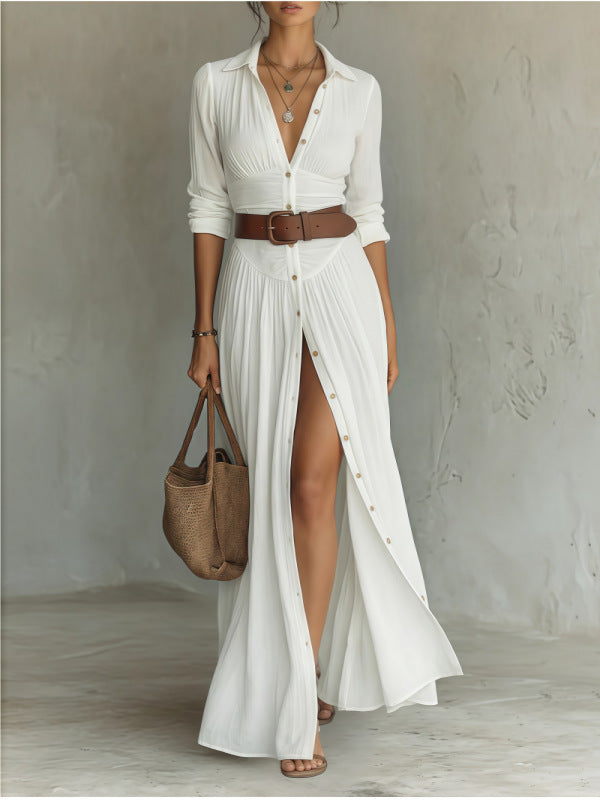 Women's Casual V-Neck Long Dress with High Side Split - Versatile Loose Fit Maxi Gown for Daily Wear Secondary image