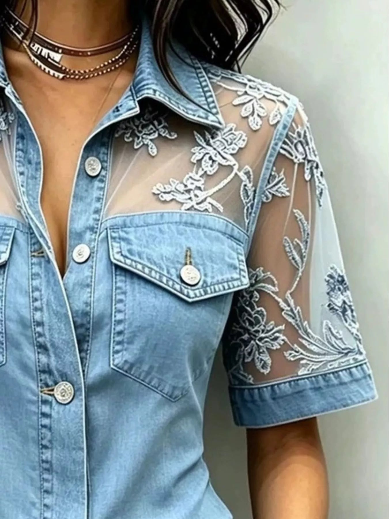 Full Size Denim Look Lace Short Sleeve Shirt Plus Size Secondary image