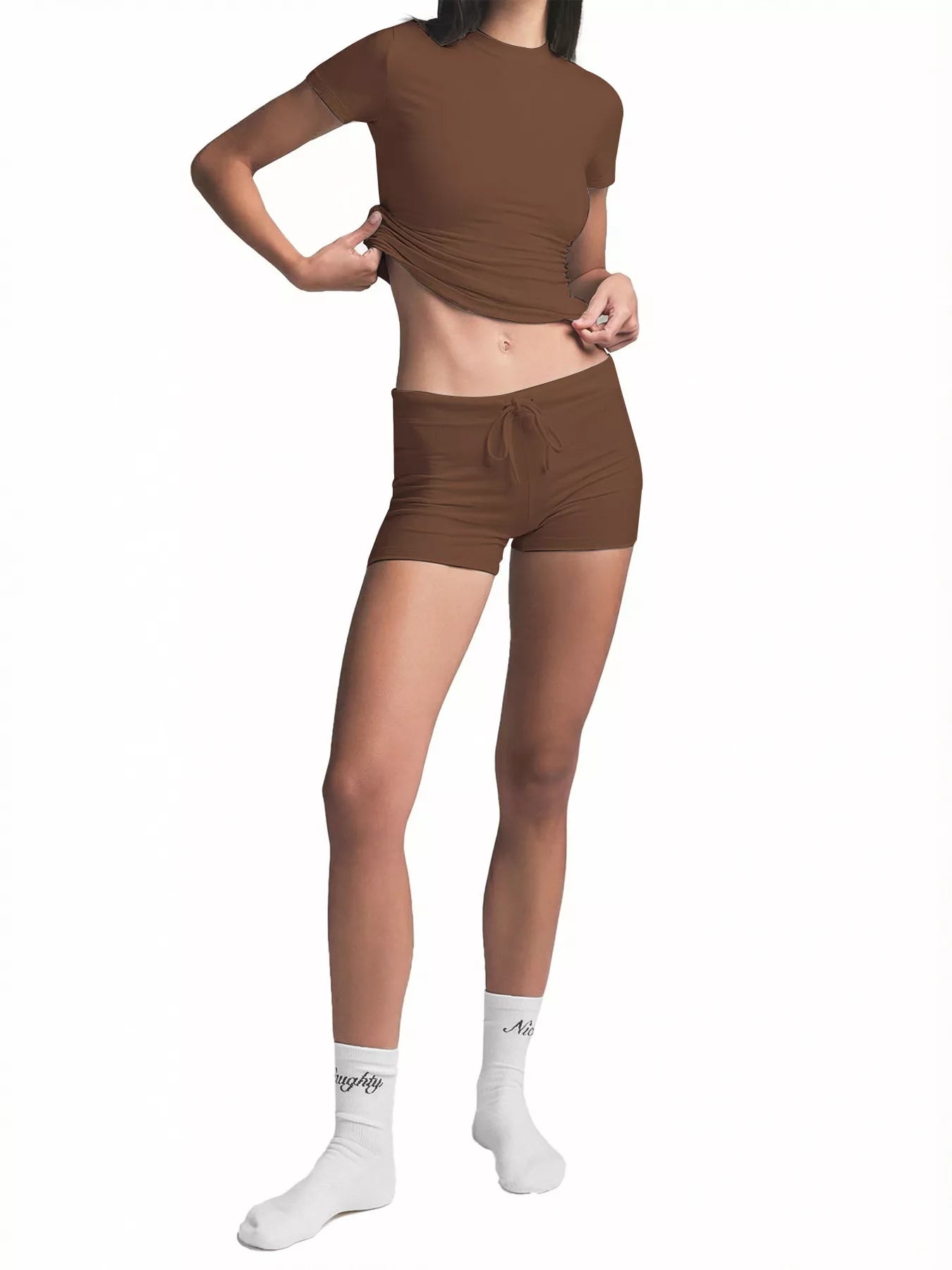 Mock Neck Crop Top and Drawstring Shorts Set Secondary image
