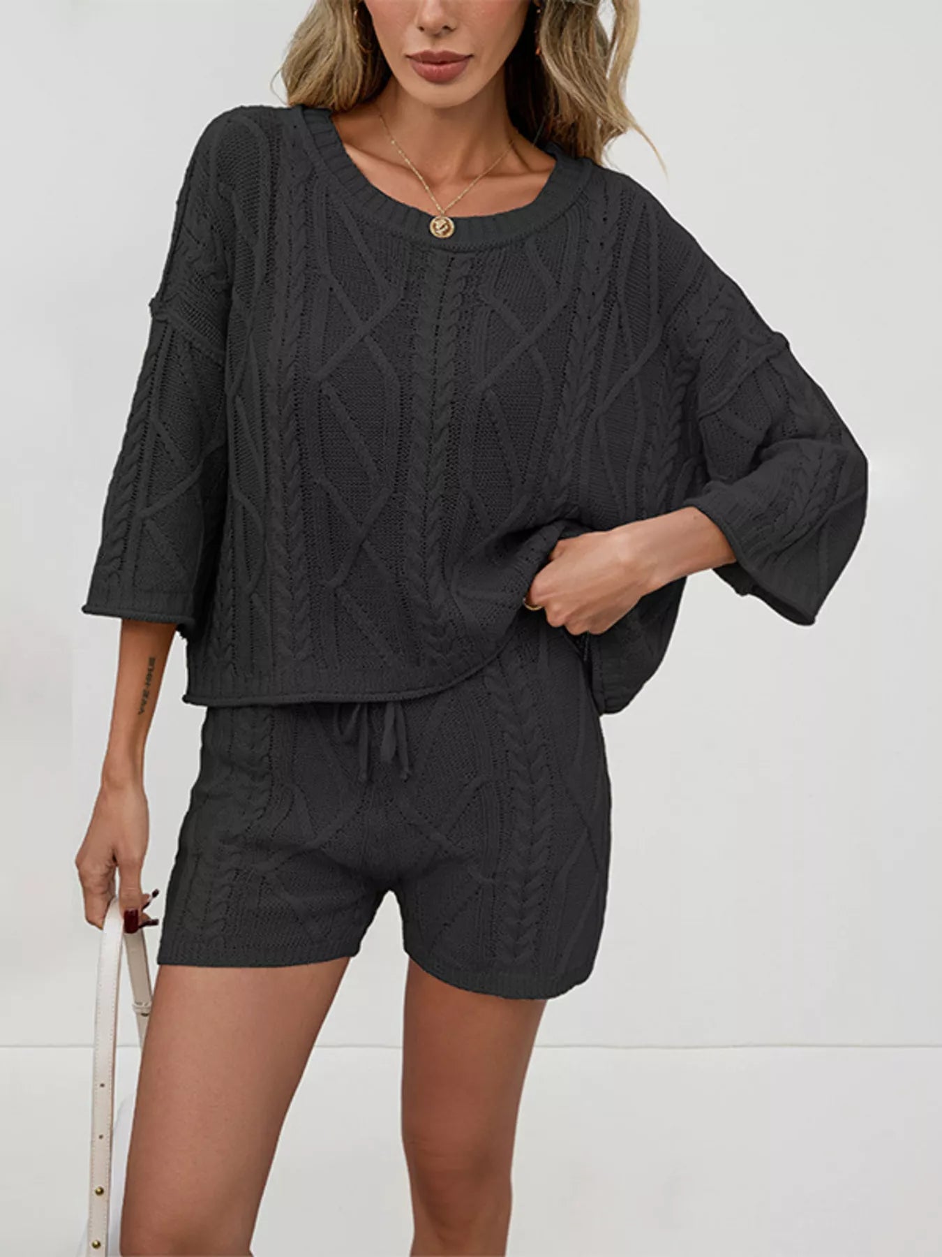 Cable Knit 3/4 Sleeve Sweater and Shorts Set Secondary image