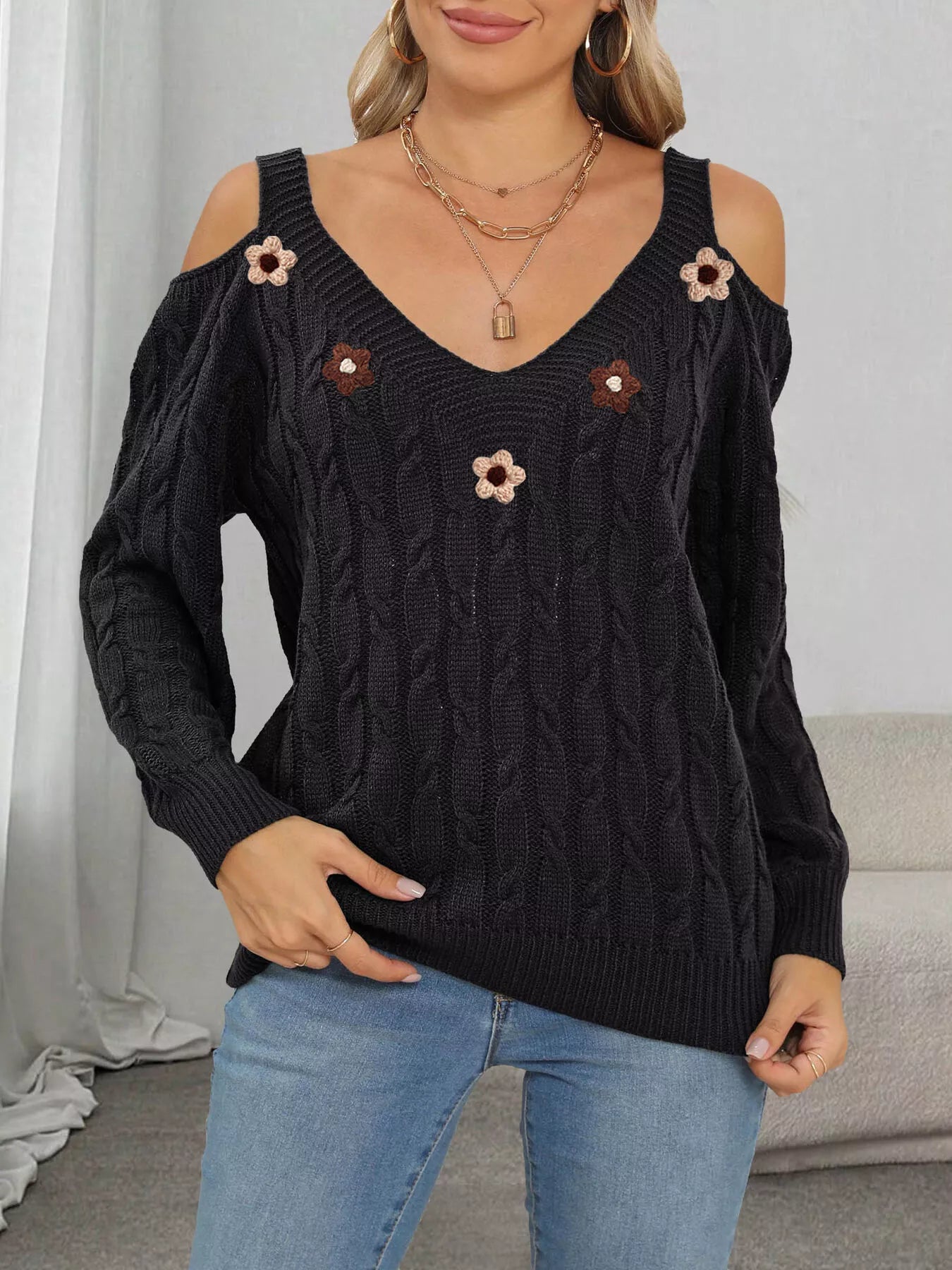 Floral Applique Cold Shoulder Cable Knit Sweater Secondary image