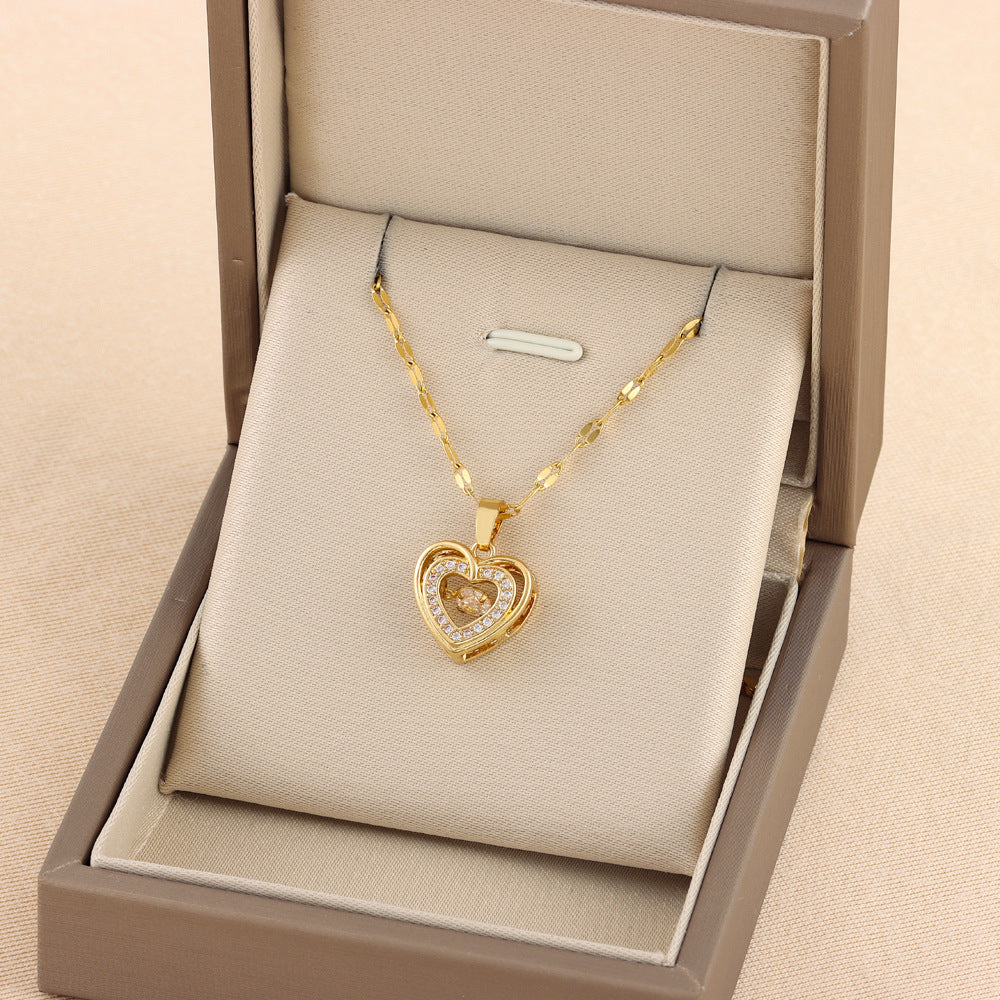 Double-layer Love Necklace With Rhinestones Titanium Steel Pendant Fashion Jewelry Woman Valentines Day Gift Secondary image